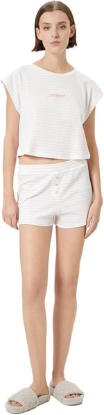 Crop Pijama Üstü Kısa Kollu Bisiklet Yaka Nakışlı Fitilli Viskon Karışımlı
