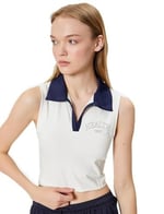 Crop Spor Atlet Slogan Baskılı Polo Yaka Kolsuz Slim Fit