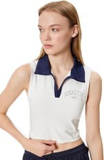 Crop Spor Atlet Slogan Baskılı Polo Yaka Kolsuz Slim Fit