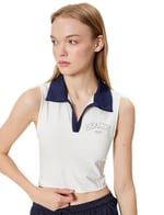 Crop Spor Atlet Slogan Baskılı Polo Yaka Kolsuz Slim Fit