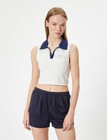 Crop Spor Atlet Slogan Baskılı Polo Yaka Kolsuz Slim Fit