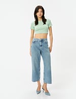 Crop Tişört Bisiklet Yaka Kısa Kollu Slim Fit