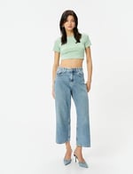 Crop Tişört Bisiklet Yaka Kısa Kollu Slim Fit