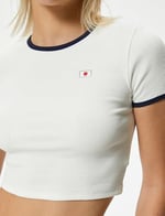 Crop Tişört Renk Kontrastlı Biyeli Ribanalı Pamuklu Slim Fit