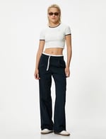 Crop Tişört Renk Kontrastlı Biyeli Ribanalı Pamuklu Slim Fit