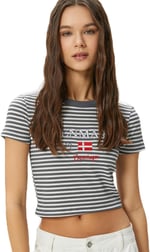 Crop Tişört Ribanalı Slim Fit İşleme Detaylı Kısa Kollu Bisiklet Yaka