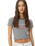 Crop Tişört Ribanalı Slim Fit İşleme Detaylı Kısa Kollu Bisiklet Yaka