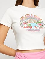Crop Tişört Slogan Baskılı Kısa Kollu Bisiklet Yaka