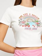 Crop Tişört Slogan Baskılı Kısa Kollu Bisiklet Yaka