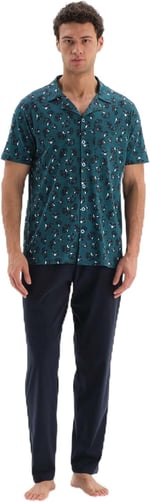 Dagi Erkek Gömlek Yaka Desenli Üst Örme Pijama Takımı, Modal, Örme