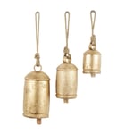 Deco 79 Dekoratif metal inek çanı, Tibet esintili, meditasyon, asmak için jüt halatlı, 3 adet, 25,4 cm, 20,3 cm, 15,2 cm yüksekliğinde, altın rengi