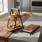 Deconox 2 Katlı Akasya Ahşap Sunum Standı - Silikon Kaplamalı Siyah Metal Gövdeli Meyvelik Kurabiyelik Kahve Köşesi ve Mutfak Banyo Düzenleyici Organizer (16 x 26.5 x 34 cm)