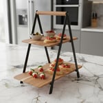 Deconox 2 Katlı Akasya Ahşap Sunum Standı - Silikon Kaplamalı Siyah Metal Gövdeli Meyvelik Kurabiyelik Kahve Köşesi ve Mutfak Banyo Düzenleyici Organizer (16 x 26.5 x 34 cm)