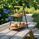 Deconox 2 Katlı Akasya Ahşap Sunum Standı - Silikon Kaplamalı Siyah Metal Gövdeli Meyvelik Kurabiyelik Kahve Köşesi ve Mutfak Banyo Düzenleyici Organizer (16 x 26.5 x 34 cm)
