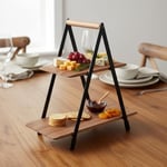 Deconox 2 Katlı Akasya Ahşap Sunum Standı - Silikon Kaplamalı Siyah Metal Gövdeli Meyvelik Kurabiyelik Kahve Köşesi ve Mutfak Banyo Düzenleyici Organizer (16 x 26.5 x 34 cm)