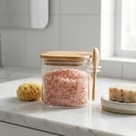 Deconox 600 ml Bambu Kapaklı ve Kaşıklı Kare Cam Kavanoz, Vakumlu Ahşap Kapaklı Baharatlık, Kendinden Kaşık Yuvalı Şeker, Kahve ve Banyo Tuzu Saklama Kabı