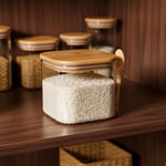Deconox 600 ml Bambu Kapaklı ve Kaşıklı Kare Cam Kavanoz, Vakumlu Ahşap Kapaklı Baharatlık, Kendinden Kaşık Yuvalı Şeker, Kahve ve Banyo Tuzu Saklama Kabı