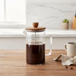 Deconox Akasya Ahşap Kapaklı Borosilikat Cam French Press - Ölçü Çizgili Kahve ve Çay Demliği (350ml ve 600ml Boy Seçenekli) (600ML)
