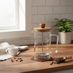 Deconox Akasya Ahşap Kapaklı Borosilikat Cam French Press - Ölçü Çizgili Kahve ve Çay Demliği (350ml ve 600ml Boy Seçenekli) (600ML)