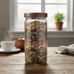 Deconox Akasya Kapaklı Çizgili Cam Kavanoz (1000ml /1 Litre) | Hava Geçirmez, Modern Fitilli Tasarım Gıda Saklama Kabı | Kahve, Çay, Kuruyemiş ve Bakliyat Kavanozu (9x20cm)