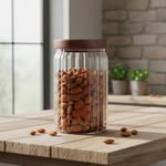 Deconox Akasya Kapaklı Çizgili Cam Kavanoz (750 ml) | Hava Geçirmez, Modern Fitilli Tasarım Gıda Saklama Kabı | Bakliyat, Kahve, Çay ve Kuruyemiş Kavanozu (9x15 cm)