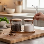 Deconox Akasya Standlı Kapaklı Kaşıklı 2'li Cam Baharat ve Tuzluk Seti | Hava Geçirmez Doğal Ahşap Kapaklı Baharatlık | Modern Masaüstü Tuzluk Biberlik Seti | Kahve, Şeker, Bitki Kavanozu