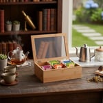 Deconox Bambu 6 Bölmeli Çay Kutusu -%100 Orjinal Bambu Mıknatıslı Kapak 21x16,5 x7cm