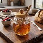 Deconox Bambu Kapaklı Cam Bal Kavanozu – 350ml | Kaşıklı & Şık Sunum Kavanozu | Doğal Ahşap Kapaklı Cam Bal Saklama Kabı