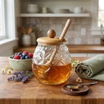 Deconox Bambu Kapaklı Cam Bal Kavanozu – 350ml | Kaşıklı & Şık Sunum Kavanozu | Doğal Ahşap Kapaklı Cam Bal Saklama Kabı