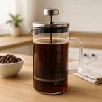 Deconox Borosilikat Cam French Press 350ml - Paslanmaz Çelik Filtreli Ölçekli Kahve ve Bitki Çayı Demliği - Isıya Dayanıklı Kişisel Kupa - Metal Kapaklı