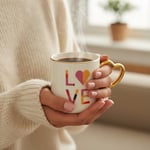 Deconox Gold Saplı Porselen Kalp Kupa - 400 ml Büyük Boy Lüks Tasarım - 4 Farklı Modelden Biri (Sürpriz/Asorti) - Altın Yaldızlı Şık Hediyelik Mug