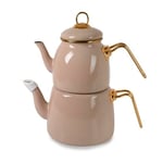 Deconox İçten Kaplamalı Emaye Çaydanlık Takımı - Gold Detaylı Nostaljik Alt Üst Çay Seti (1.2 Litre + 2 Litre) - 3 Renk Seçeneği (BEJ)