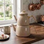 Deconox İçten Kaplamalı Emaye Çaydanlık Takımı - Gold Detaylı Nostaljik Alt Üst Çay Seti (1.2 Litre + 2 Litre) - 3 Renk Seçeneği (BEJ)