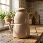 Deconox İçten Kaplamalı Emaye Çaydanlık Takımı - Gold Detaylı Nostaljik Alt Üst Çay Seti (1.2 Litre + 2 Litre) - 3 Renk Seçeneği (BEJ)