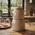 Deconox İçten Kaplamalı Emaye Çaydanlık Takımı - Gold Detaylı Nostaljik Alt Üst Çay Seti (1.2 Litre + 2 Litre) - 3 Renk Seçeneği (BEJ)
