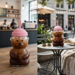 Deconox Sevimli Ayıcık Figürlü Borosilikat Cam Bardak 580 ml - Silikon Kapaklı ve Pipetli Lüx Barista Soğuk İçecek Bardağı (PEMBE)
