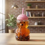 Deconox Sevimli Ayıcık Figürlü Borosilikat Cam Bardak 580 ml - Silikon Kapaklı ve Pipetli Lüx Barista Soğuk İçecek Bardağı (PEMBE)