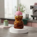 Deconox Sevimli Ayıcık Figürlü Borosilikat Cam Bardak 580 ml - Silikon Kapaklı ve Pipetli Lüx Barista Soğuk İçecek Bardağı (PEMBE)