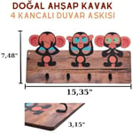 DeepCraft Çocuk Odası Duvar Askılığı 4 Askılı Montessori Doğal Ahşap Uv Baskılı 3 Maymun