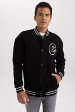 DeFacto Erkek Oversize Fit Kolej Yaka Bomber Baskılı İçi Yumuşak Tüylü Kalın Kumaş Hırka