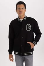 DeFacto Erkek Oversize Fit Kolej Yaka Bomber Baskılı İçi Yumuşak Tüylü Kalın Kumaş Hırka