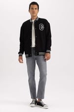 DeFacto Erkek Oversize Fit Kolej Yaka Bomber Baskılı İçi Yumuşak Tüylü Kalın Kumaş Hırka