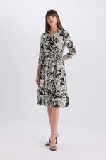 DeFacto Gömlek Yaka Desenli Uzun Kollu Kuşaklı Midi Elbise