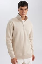 DeFacto Gri 3 İplik Pamuklu Şardonlu İçi Polarlı Comfort Regular Fit Rahat Kalıp Dik Yaka Fermuarlı Kalın Sweatshirt