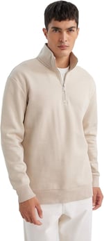 DeFacto Gri 3 İplik Pamuklu Şardonlu İçi Polarlı Comfort Regular Fit Rahat Kalıp Dik Yaka Fermuarlı Kalın Sweatshirt