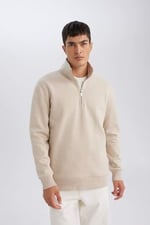 DeFacto Gri 3 İplik Pamuklu Şardonlu İçi Polarlı Comfort Regular Fit Rahat Kalıp Dik Yaka Fermuarlı Kalın Sweatshirt