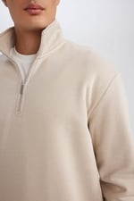 DeFacto Gri 3 İplik Pamuklu Şardonlu İçi Polarlı Comfort Regular Fit Rahat Kalıp Dik Yaka Fermuarlı Kalın Sweatshirt