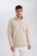 DeFacto Gri 3 İplik Pamuklu Şardonlu İçi Polarlı Comfort Regular Fit Rahat Kalıp Dik Yaka Fermuarlı Kalın Sweatshirt