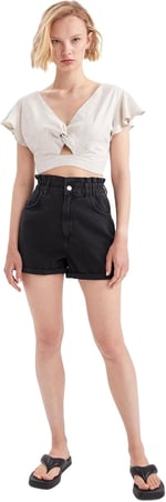 DeFacto Kadın Basic V Yaka Fırfırlı Kol Detaylı Keten Karışımlı Crop Bluz