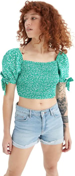 DeFacto Kadın Coool Crop Kare Yaka Kısa Balon Kollu Poplin %100 Pamuk Bluz